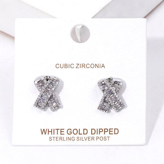 White Gold Dipped Cubic Zirconia Pink Ribbon Stud Earrings
