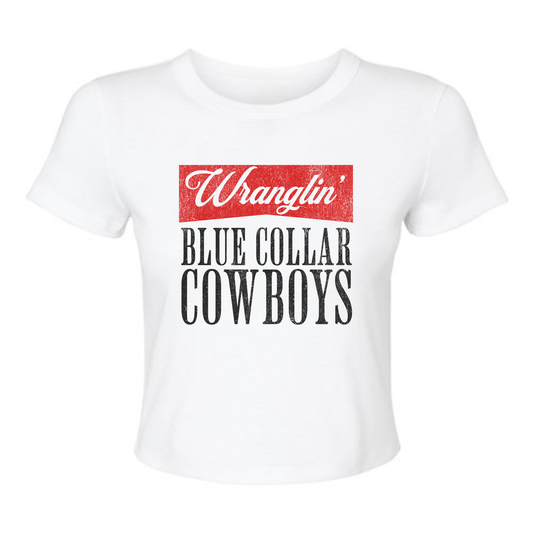 Wranglin’ Blue Collar Cowboys Crop Tee – Western Cowgirl Graphic Shirt