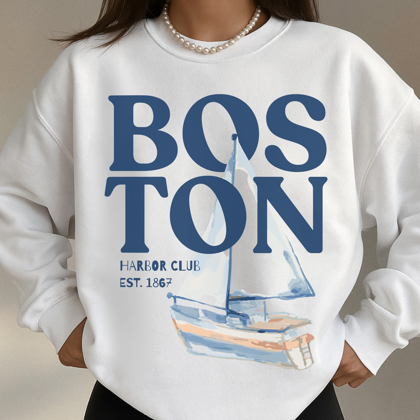 Boston Harbor Club Coastal Sailboat Sweatshirt | Vintage Nautical Graphic Crewneck