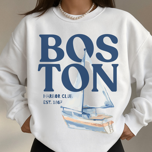 Boston Harbor Club Coastal Sailboat Sweatshirt | Vintage Nautical Graphic Crewneck