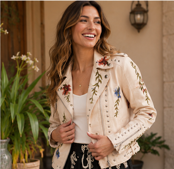 Wildflower Studded Faux Leather Moto Jacket