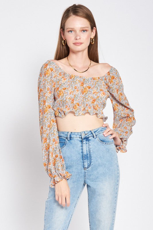 SCOOP NECK FLORAL TOP WITH RUFFLE DETAIL