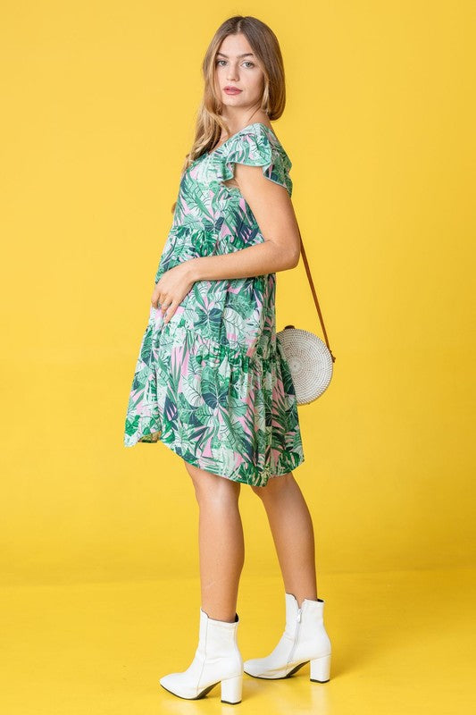 Plus Tropical Flutter Sleeve Tiered Midi Dress - ShopModernEmporium
