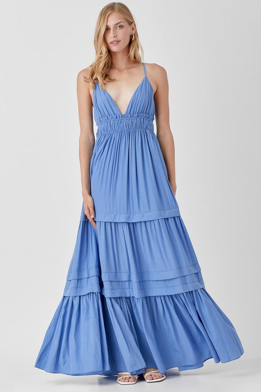 SHIRRED RUFFLE FOLDED DETAIL MAXI DRESS - ShopModernEmporium