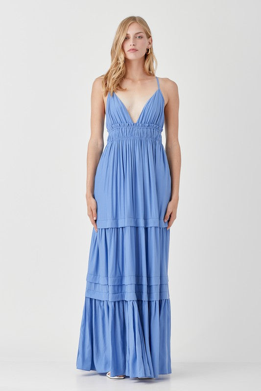 SHIRRED RUFFLE FOLDED DETAIL MAXI DRESS - ShopModernEmporium