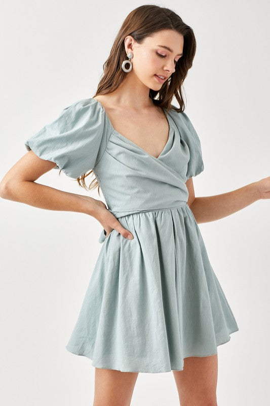 CROSS WRAP FRONT PUFF SLEEVE DRESS - ShopModernEmporium