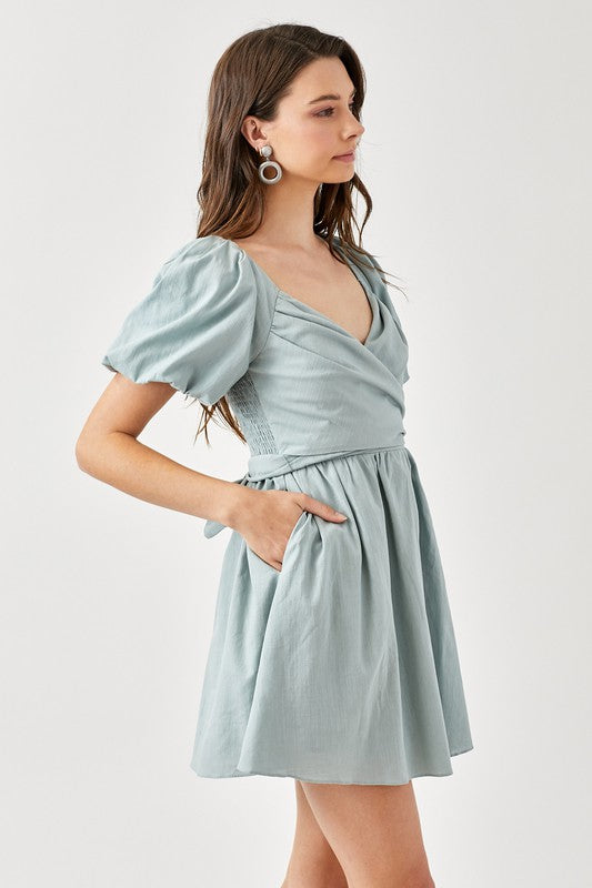 CROSS WRAP FRONT PUFF SLEEVE DRESS - ShopModernEmporium