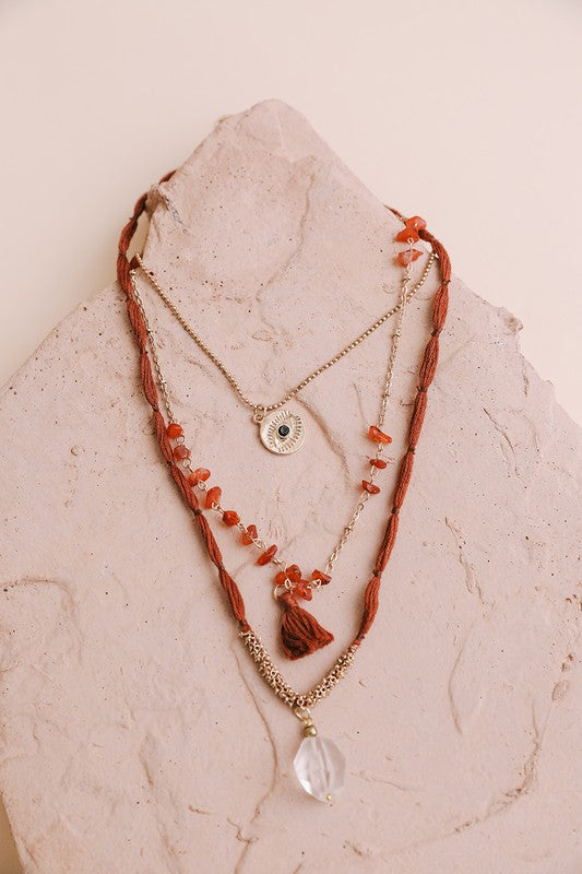 Carnelian & Crystal Drop Multi Layered Necklace - ShopModernEmporium