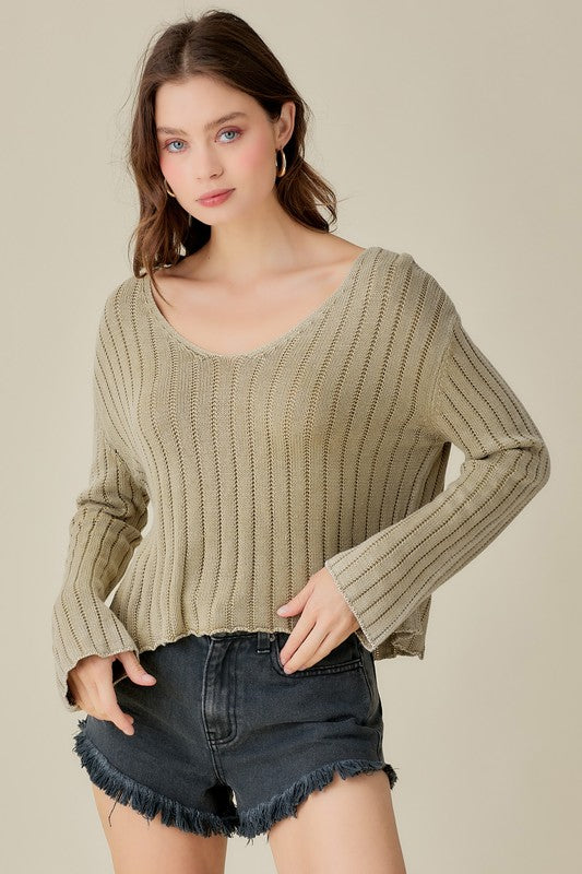 V NECK WASHED CROP SWEATER - ShopModernEmporium