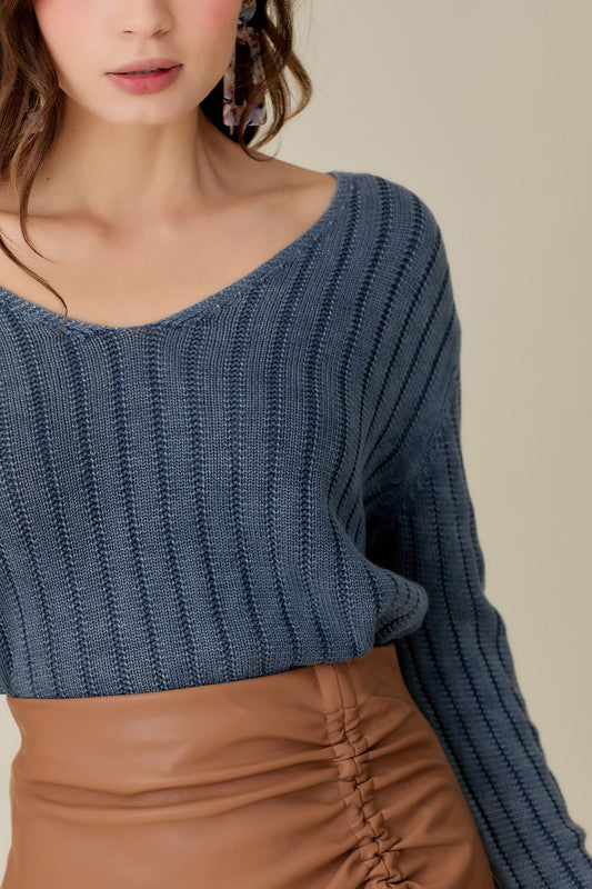 V NECK WASHED CROP SWEATER - ShopModernEmporium