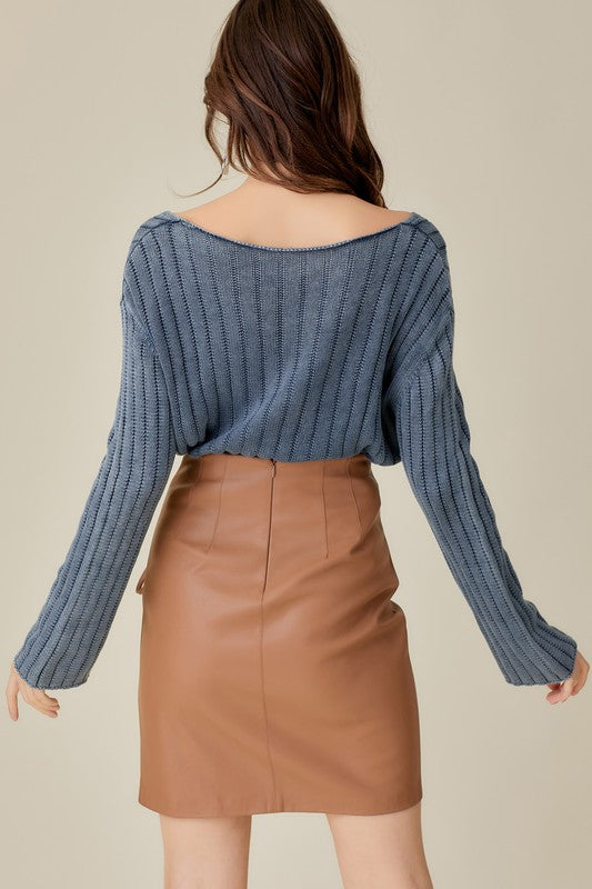 V NECK WASHED CROP SWEATER - ShopModernEmporium