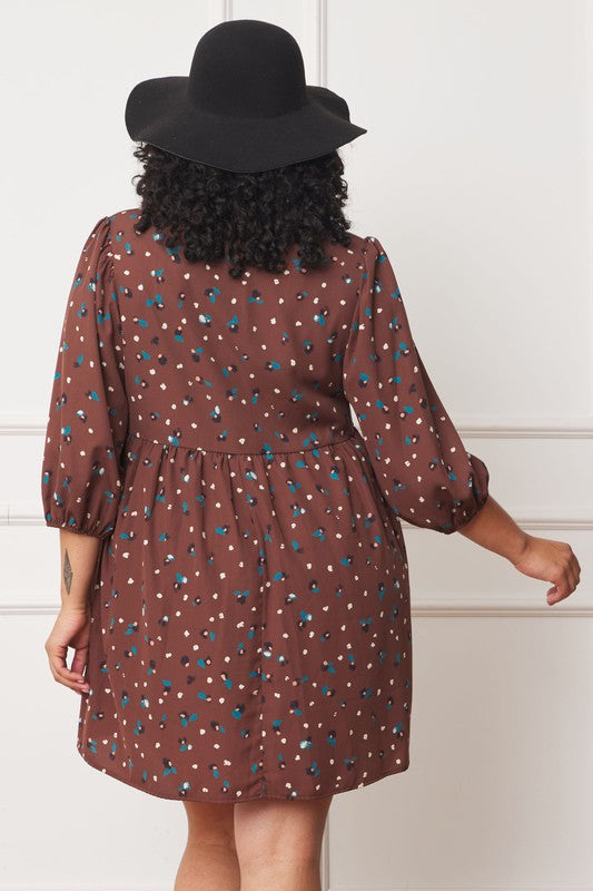 Plus Abstract Polka Dot Bishop Sleeve Mini Dress - ShopModernEmporium