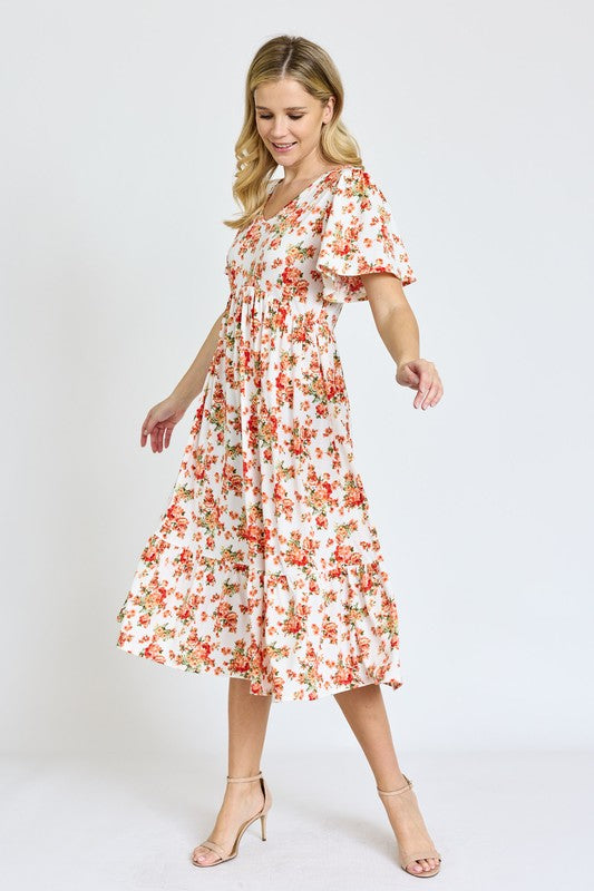 Floral Angel Sleeve Midi Dress - ShopModernEmporium