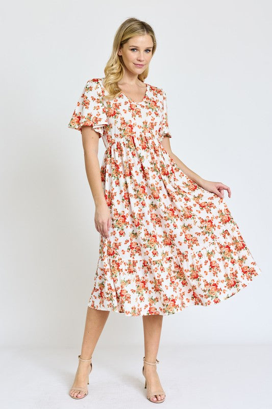 Floral Angel Sleeve Midi Dress - ShopModernEmporium