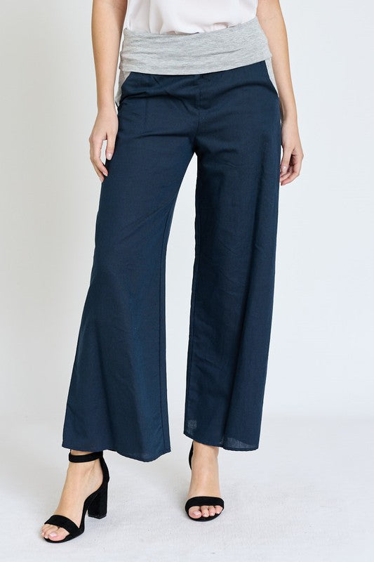 Cotton Linen Wide Leg Pants Fold Over With Pockets - ShopModernEmporium