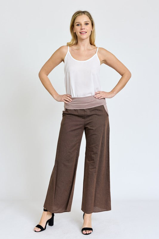 Cotton Linen Wide Leg Pants Fold Over With Pockets - ShopModernEmporium