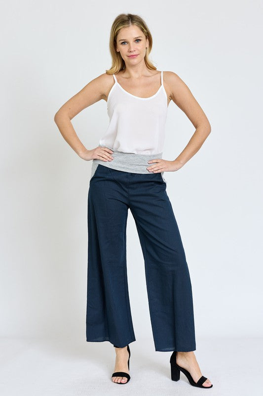 Cotton Linen Wide Leg Pants Fold Over With Pockets - ShopModernEmporium