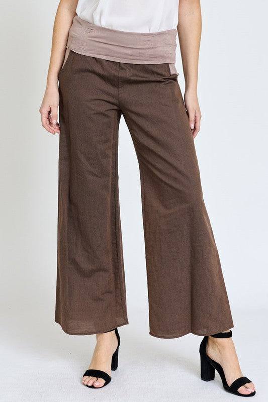 Cotton Linen Wide Leg Pants Fold Over With Pockets - ShopModernEmporium