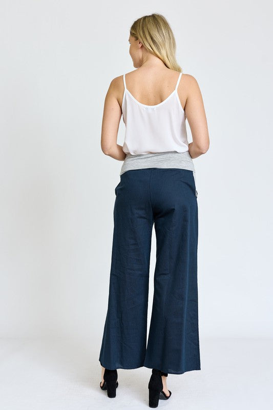 Cotton Linen Wide Leg Pants Fold Over With Pockets - ShopModernEmporium