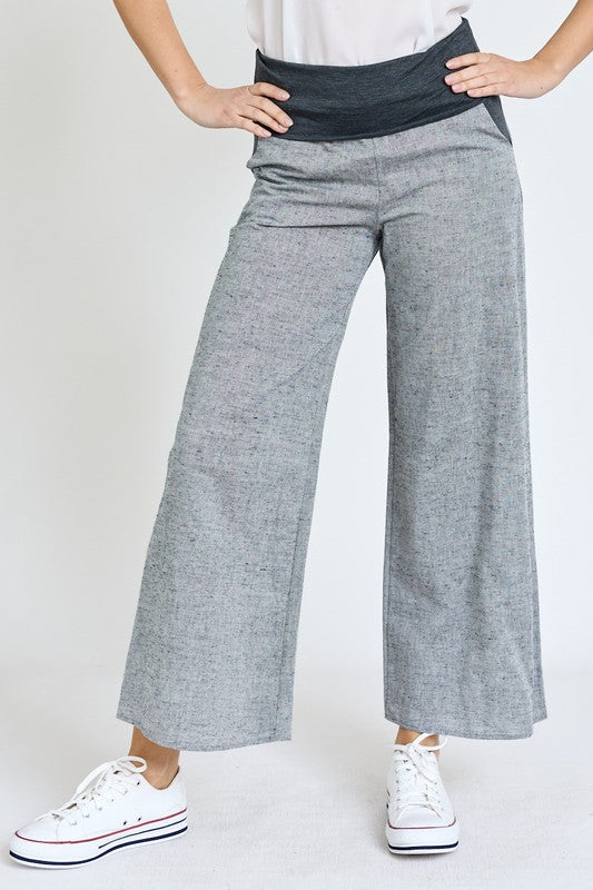 Grey Fold Over Waist Wide Leg Pants