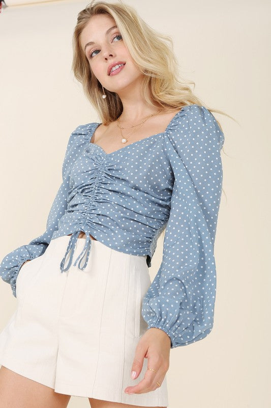 Ruched polka dot crop top with puff sleeves - ShopModernEmporium