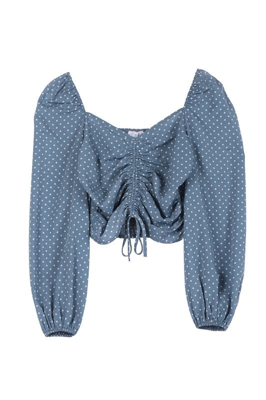 Ruched polka dot crop top with puff sleeves - ShopModernEmporium